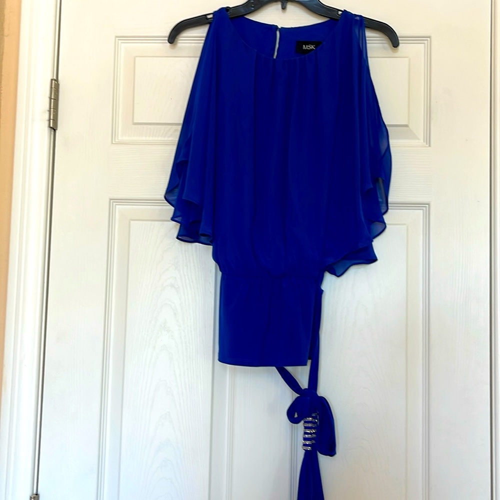 MSK Fully Underlined Dressy Cold Shoulder Electric Blue Blouse, Size S, Fits M.